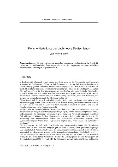 Kommentierte Liste der Laubmoose Deutschlands - Jan-Peter Frahm