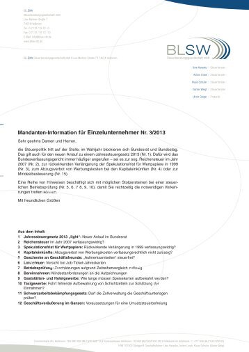 Informationsbrief für Einzelunternehmer - BLSW ...
