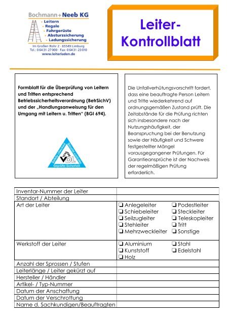 Leiter Kontrollblatt zur Prüfdokumentation (Größe ... - Leiterladen.de