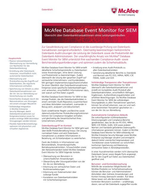 McAfee Database Event Monitor for SIEM