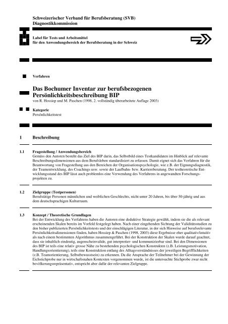 Bochumer Inventar Zur Berufsbezogenen Persönlichkeitsbeschreibung Das Bochumer Inventar zur berufsbezogenen