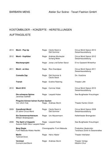 Auftragsliste Kostümbilder 87 - 2013 - Texart Fashion GmbH