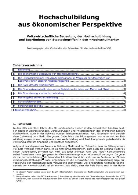 Hochschulbildung aus ökonomischer Perspektive - VSS-UNES-USU