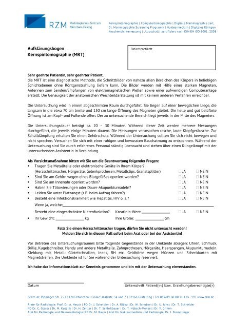 Aufklärungsbogen Kernspintomographie (MRT) - RZM