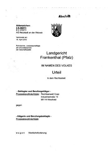 Urteil LG Frankenthal vom 18.04.2012 - 2 S 343/11 - Czap & Czap