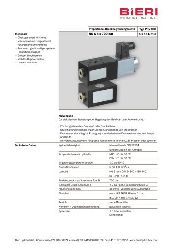 NG 6 bis 700 bar Typ PDV700 bis 15 l/min - Bieri Hydraulik AG