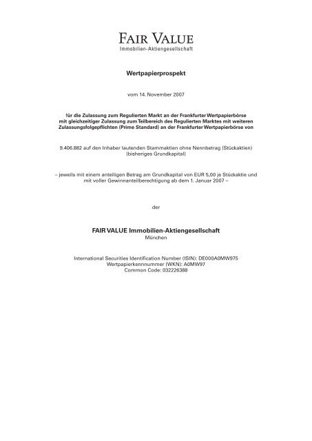 Wertpapierprospekt Fair Value Immobilien Aktiengesellschaft