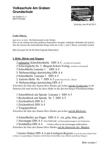 Materialliste für die 1a und 1b - Grundschule Am Graben Eichstätt