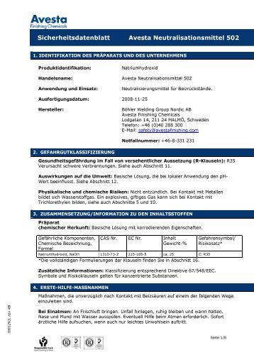 Sicherheitsdatenblatt Avesta Neutralisationsmittel 502 - BOGNER ...