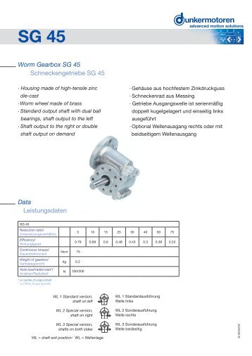 Worm Gearbox SG 45 Schneckengetriebe SG 45 Data Leistungsdaten