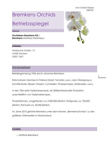 Bremkens Orchids Betriebsspiegel - Berufskolleg Geldern