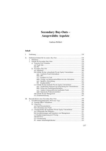 Secondary Buy-Outs – Ausgewählte Aspekte - Lenz & Staehelin