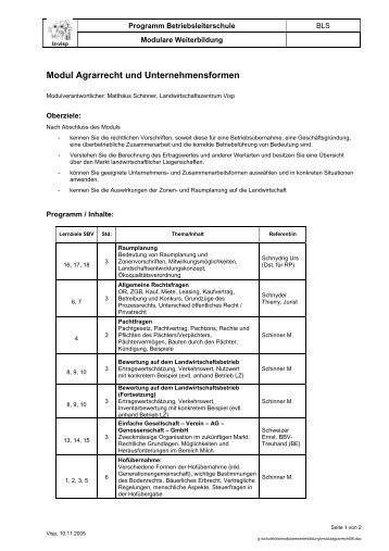 Modul Agrarrecht und Unternehmensformen - Landwirtschaftszentrum