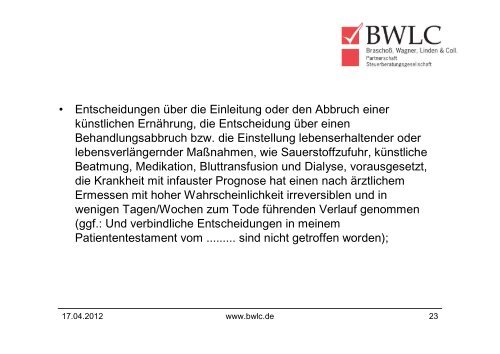 MAßNAHMEN FÜR UNVORHERSEHBARE TODES- UND ... - Bwlc.de