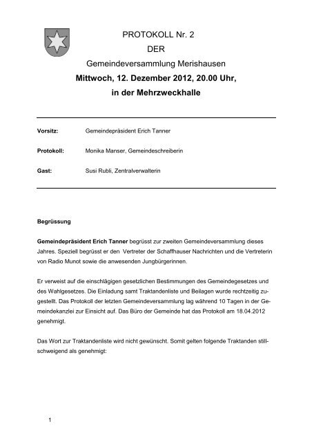 Gemeindeversammlung vom 12. Dezember 2012