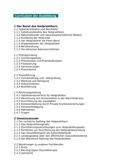 Curriculum der Ausbildung