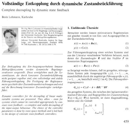 Vollständige Entkopplung durch dynamische Zustandsrückführung