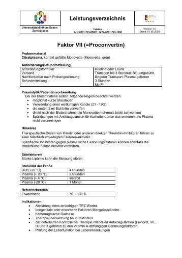 Leistungsverzeichnis Faktor VII (=Proconvertin)