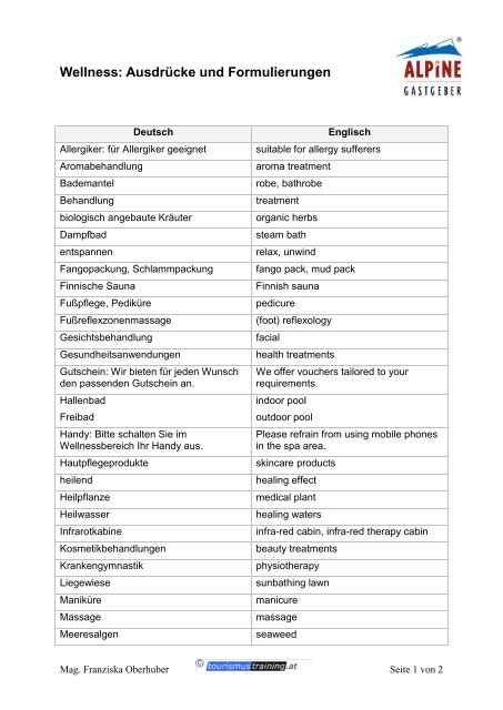 Wellness: Ausdrücke und Formulierungen - Alpine Gastgeber