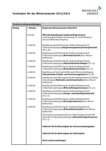 Terminplan für das Wintersemester 2012/2013 - Hochschule Ansbach