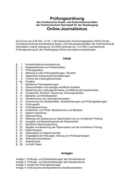 Prüfungsordnung Diplom-Studiengang Online-Journalimus