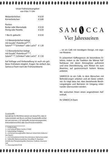 Speisekarte des Café Samocca "Vier Jahreszeiten" (Änderungen ...