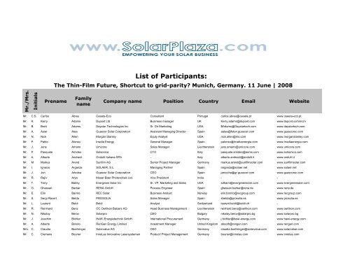 List of Participants: - solarplaza events home