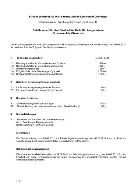 Gebührentarif zur Friedhofsgebührensatzung - Pastoralverbund ...
