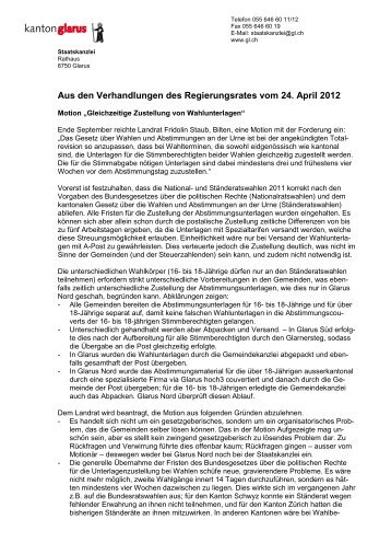 Aus den Verhandlungen des Regierungsrates vom 24 ... - glarus24.ch