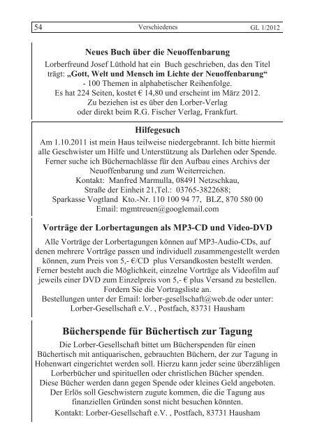 GL 1/2012 - der Lorber-Gesellschaft eV