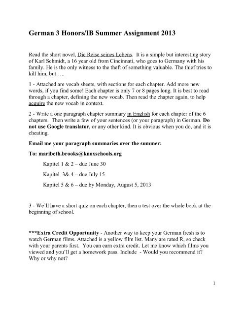 German 3 Honors Ib Summer Assignment 13 West High School