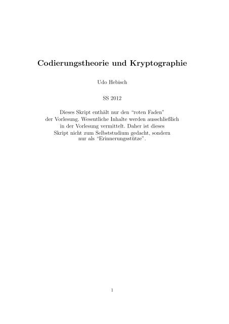 Skript zur Vorlesung "Codierungstheorie und Kryptographie"