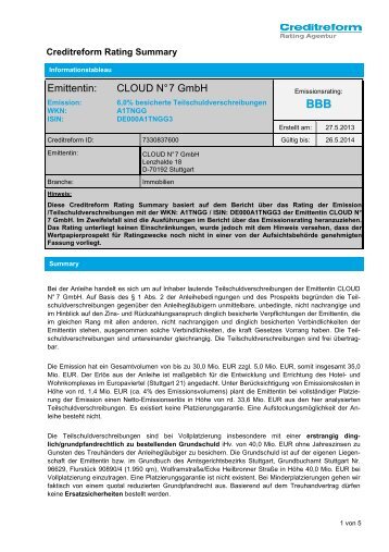 Rating Summary der Cloud N o 7 GmbH - Cloud No. 7 Anleihe