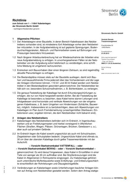 Richtlinie Zum Schutz Von 1 110 Kv Kabelanlagen Stromnetz Berlin