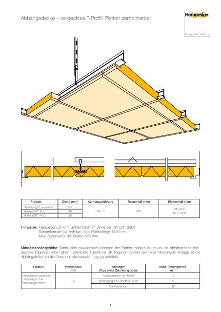 Abhängedecke – verdecktes T-Profil/ Platten demontierbar - Heraklith