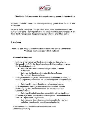 Checkliste Errichtung oder Nutzungsänderung ... - WFG-BGL