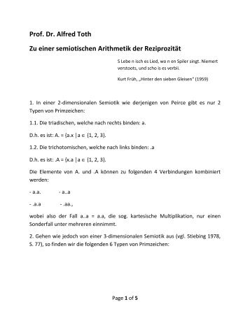 Prof. Dr. Alfred Toth Zu einer semiotischen Arithmetik der Reziprozität