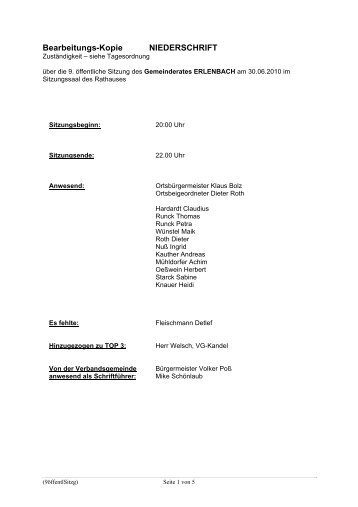 Bearbeitungs-Kopie NIEDERSCHRIFT - Verbandsgemeinde Kandel