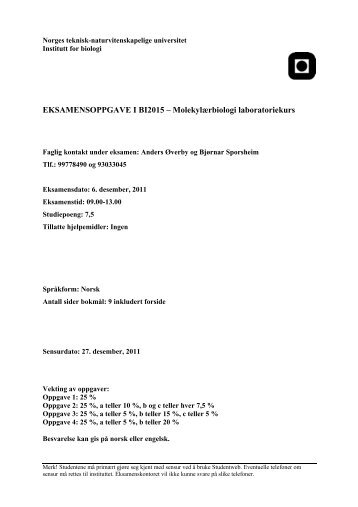 EKSAMENSOPPGAVE I BI2015 ... - Institutt for biologi