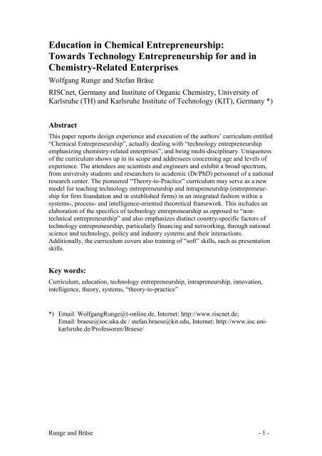 Education in Chemical Entrepreneurship - KIT - Technology ...