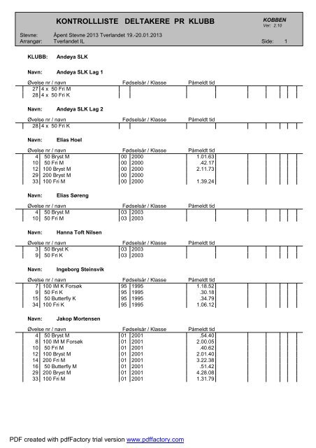 KONTROLLLISTE DELTAKERE PR KLUBB - Tverlandet IL