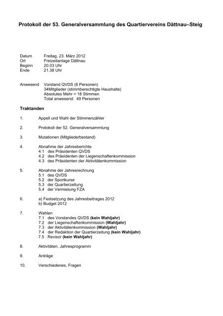 Protokoll der 53. Generalversammlung des Quartiervereins Dättnau ...