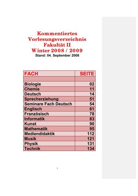 Kommentiertes Vorlesungsverzeichnis Fakultät II Winter 2008 / 2009 ...