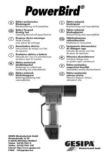 PowerBird® Betriebsanleitung - Jay-Cee Sales and Rivet