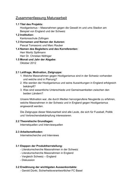Zusammenfassung Maturaarbeit Kantonsschule Zofingen