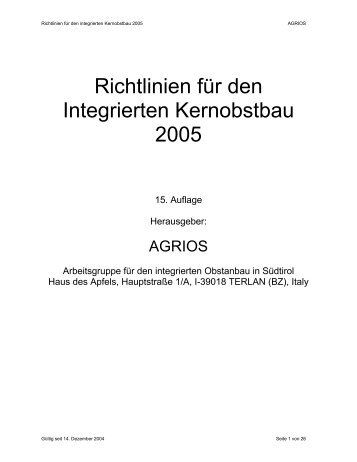 Richtlinien für den Integrierten Kernobstbau 2005 - Agrios