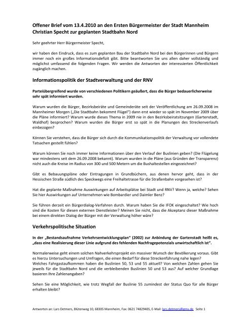 Offener Brief - Interessengemeinschaft Stadtbahn Nord