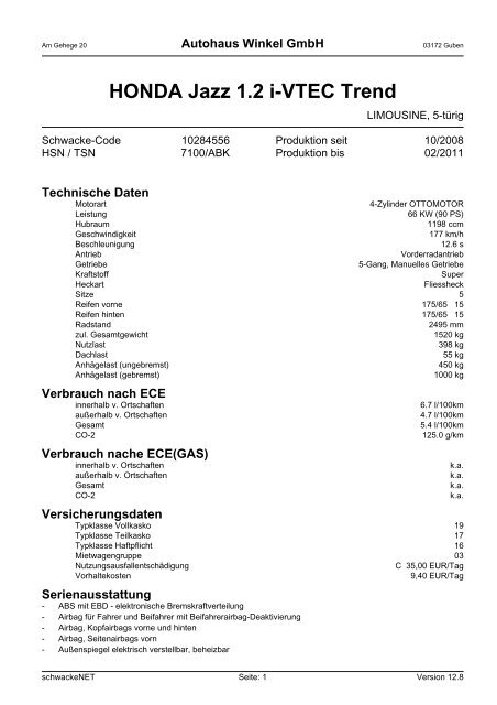 Honda Jazz 1 2 I Vtec Trend Technische Daten Autohaus Winkel