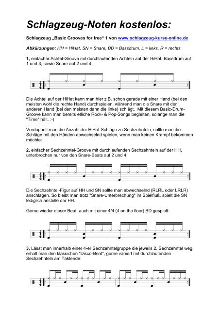 Drums Noten als PDF Basic Grooves for free 1 - Schlagzeug Kurse ...