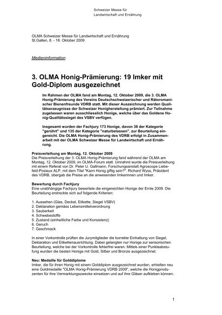 3. OLMA Honig-Prämierung